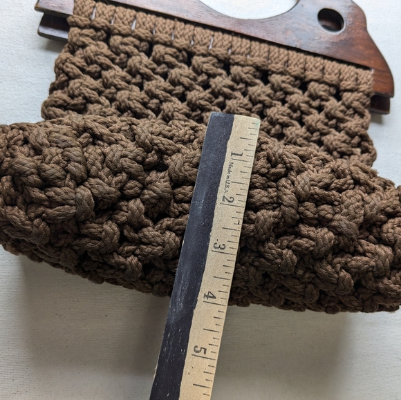 Vintage Clutch Wooden Handles Macrame Handheld Handbag Purse  Brown I-2 - Picture 7 of 11